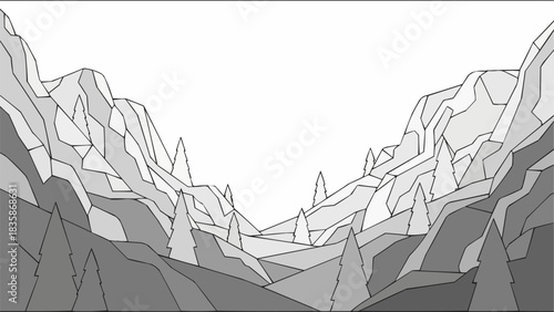 Monochrome geometric mountain canyon landscape vector illustration.