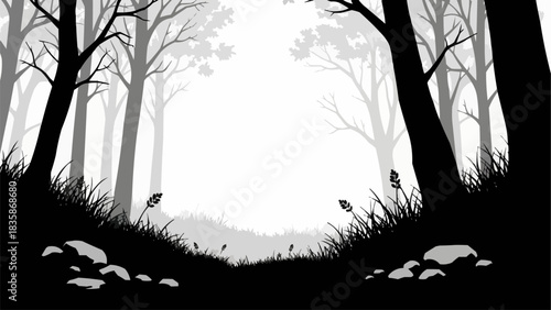 Silhouette of trees and grass creating a mysterious forest scene with a bright opening.