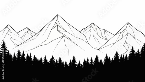 Majestic Mountain Range with Pine Forest Silhouette Hand Drawn Illustration.