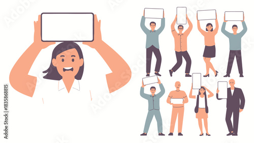 Cartoon People Holding Blank Signs, Diverse Group of Men and Women with Empty White Boards Upraised