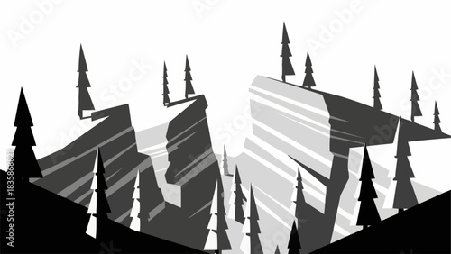 Monochrome landscape featuring towering rock formations and evergreen trees, a serene scene.