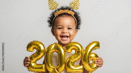 Adorable baby girl celebrates new year with golden balloons and headwear
