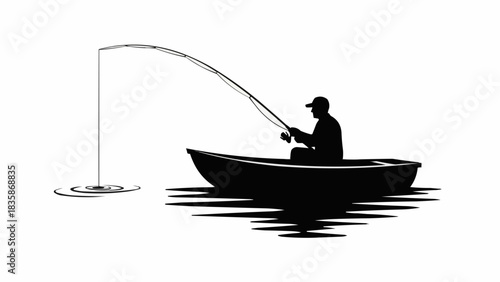 Silhouette of a fisherman in a boat casting a fishing line.
