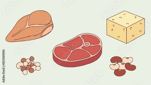 Assortment of protein rich foods including meat, chicken, and beans.