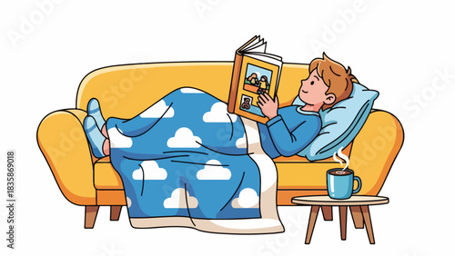 A young person reclines on a sofa, reading a book while covered by a blanket.
