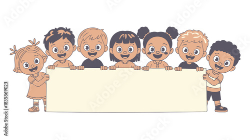 Cheerful Cartoon Children Holding a Blank Sign, Diverse Group of Kids, Illustration