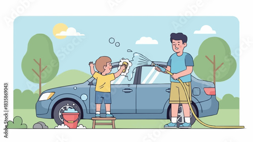 Father and son happily washing the family car together outdoors.