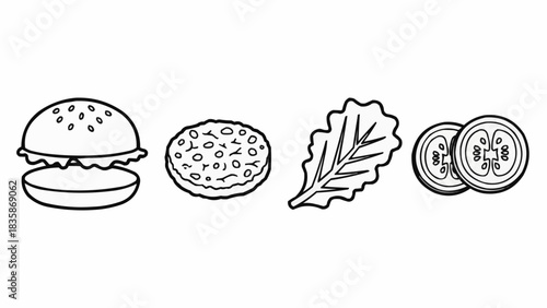 Burger Ingredients Line Art Isolated on White Background.