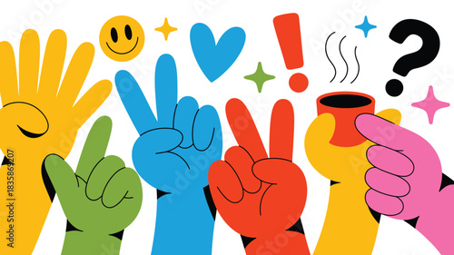 Colorful Cartoon Hands with Peace Signs, Question Mark, Coffee, Exclamation Point, Smiley Face Art