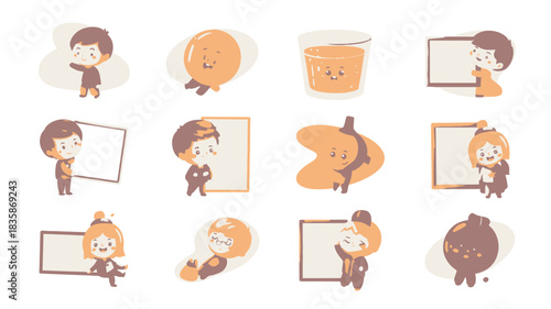 Cute Cartoon Characters and Food Items Illustration Smiling Kids, Orange Juice, and Fruit Designs