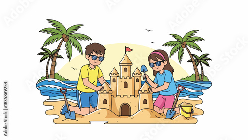 Two children building a sandcastle on a sunny beach, enjoying summer fun.