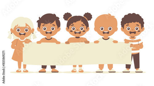 Diverse Cartoon Children Holding a Blank Banner, Smiling, with Space for Text and Graphics