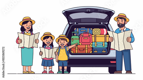 A family of four, wearing hats and holding maps, stands in front of a car with an open trunk packed with luggage, ready for a road trip.