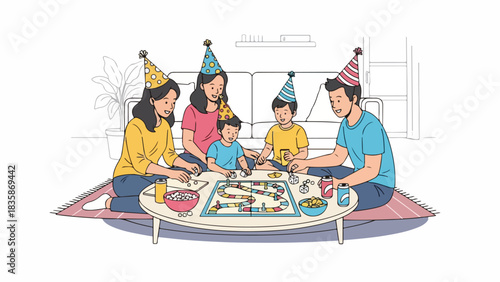 A family of five, wearing party hats, playing a board game together on a rug in their living room.