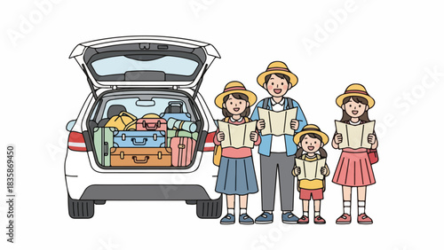 A family of five stands in front of a car with an open trunk packed with luggage, holding maps, ready for a road trip.