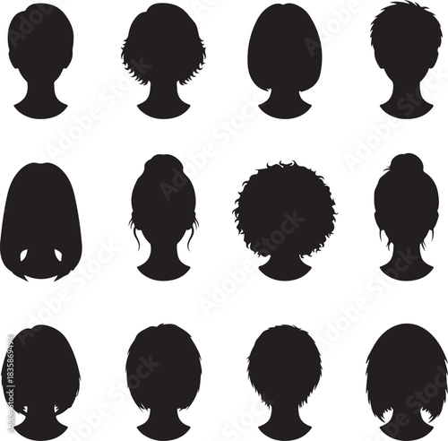 Diverse collection of black silhouettes showcasing various hairstyles and head shapes