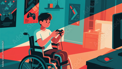 Illustration Of Teenager With A Physical Disability Is Intensely Focused On A Video Game, Using An Adaptive Controller Vector Design Template