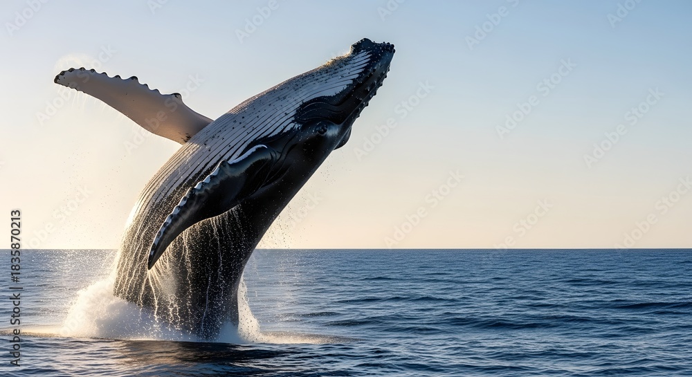 Obraz premium Majestic humpback whale breaching out of the deep blue ocean with a powerful splash under a clear sky for Whale Day celebration concept and marine wildlife.