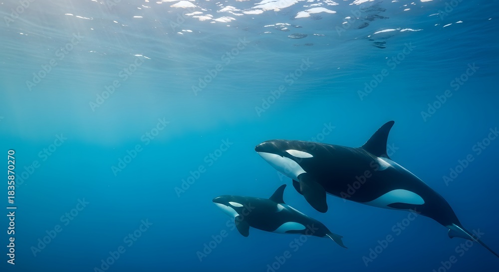 Fototapeta premium An adult orca and calf swimming together in the deep blue ocean with sunbeams for Whale Day concept and marine family bond
