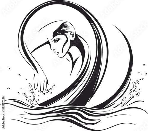 Elegant line art of a diver entering water, represented with two dynamic curves and minimal splash elements 2