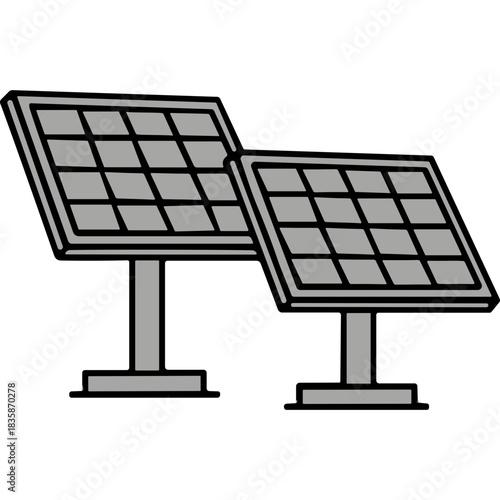 Two Gray Solar Panels Mounted On Stands Against A Black Background Industrial Technology Energy Generation Renewable Resources Clean Power Source Photovoltaic Cells Simple Design
