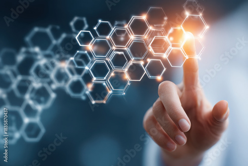 Innovative technology interaction digital environment graphic content futuristic concept close-up view hand touching hexagons