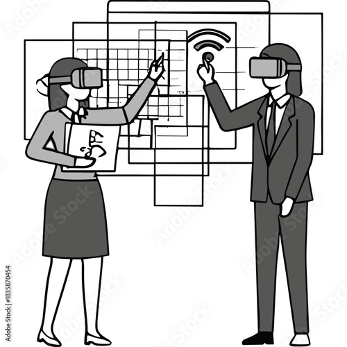 Two Business Professionals Wearing VR Headsets Interacting With Digital Interface Showing Wifi Symbol and Data Visualization In A Modern Office Setting