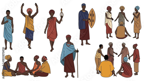 Diverse group of African people in traditional clothing with vibrant colors and tribal adornments, perfect for cultural or historical projects