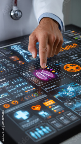 Healthcare data analysis medical facility digital dashboard clinical environment close-up view innovation in medicine