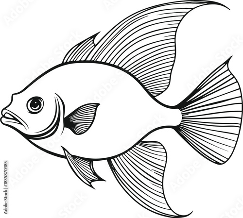 Minimal line art of a fictional sarc fish with a crescent-shaped fin pattern, drawn using one continuous line and leaving generous negative space 1