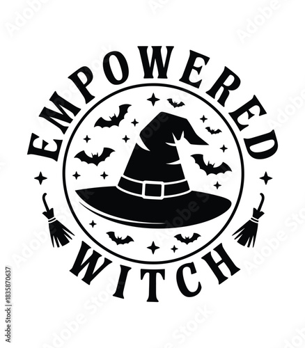 Empowered witch icon for Halloween with hat, bats, and stars design