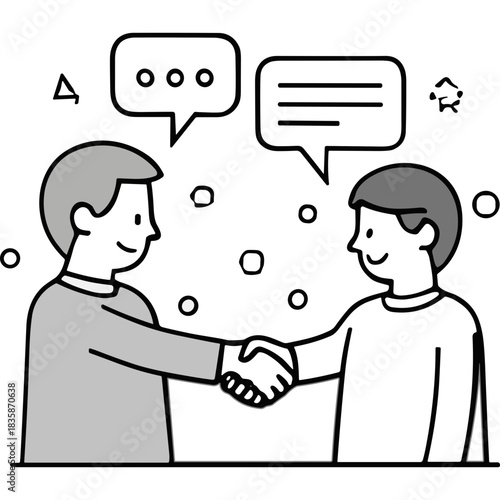 Two businessmen shaking hands with speech bubbles above their heads symbolizing communication and agreement during a meeting with a dark background and white dots