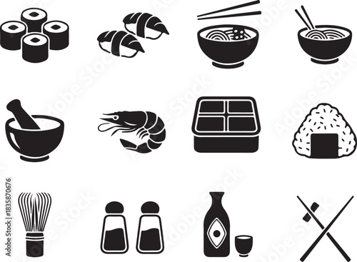 Black and white icons depicting various japanese foods and dining elements