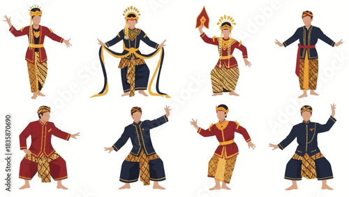 Elegant traditional Javanese dancers performing ceremonial dance, wearing colorful costumes and headdresses, perfect for cultural events and artistic celebrations