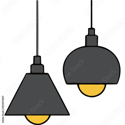 Two Dark Gray Pendant Light Fixtures With Yellow Bulbs Hanging Against A Black Background Simple Modern Decor Minimalist Design