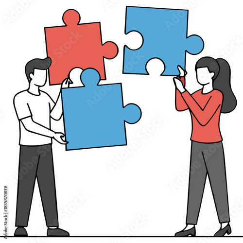 Two diverse adults collaborate to assemble four interlocking puzzle pieces one red and three blue against a stark black background symbolizing teamwork and problem solving strategy and connection