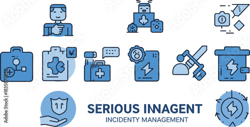 Incident management icons, emergency response, safety control, problem solving, system repair, risk prevention, security process, CAD drawing flat vector illustration