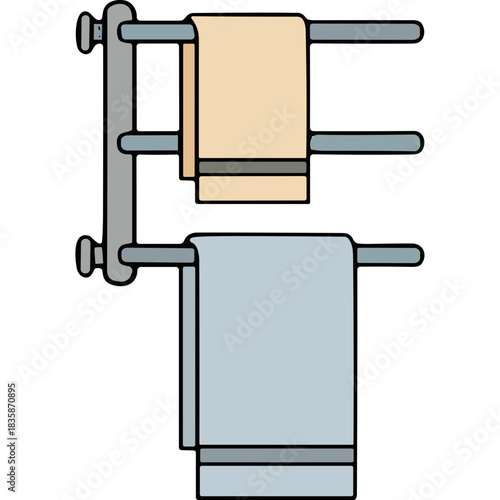 Two Folded Towels Beige and Blue Hanging on a Silver Towel Rack Against a Black Background Simple Flat Design