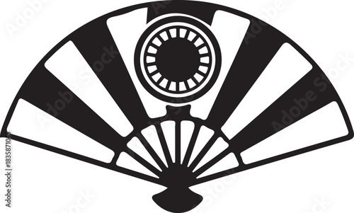 A striking black and white illustration of a traditional folding hand fan