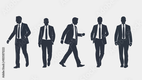 Silhouettes of businessmen in suits walking and standing.