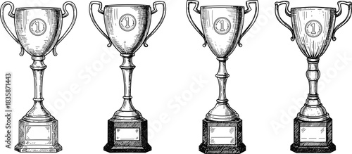 Trophy cup award collection, first place achievement, victory celebration, success reward, detailed engraving, CAD drawing flat vector illustration