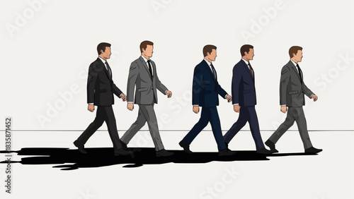 Line of Businessmen Walking in Suits with Shadows.