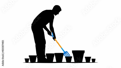 Silhouette of a gardener tending to plants in pots.