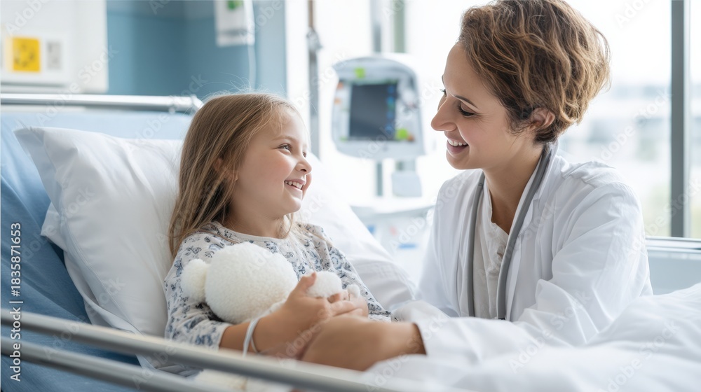 Fototapeta premium Caring female healthcare professional interacts with young girl in hospital bed, sharing a joyful moment with a stuffed toy, creating a warm and supportive atmosphere