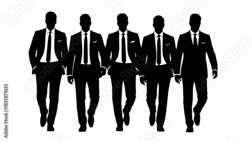 Silhouette of five businessmen in suits walking forward together.