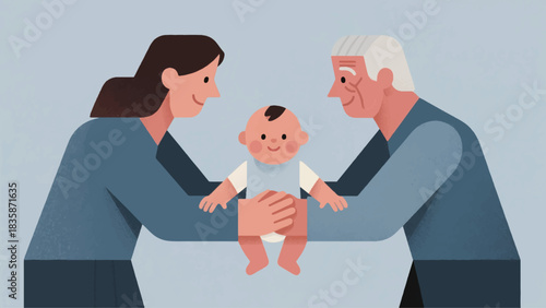 Illustration Of Three Generations (A Baby, A Parent, A Grandparent) All Holding Hands In A Circle Vector Design Template