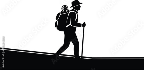 Hiker silhouette with backpack and walking stick isolated on transparent background