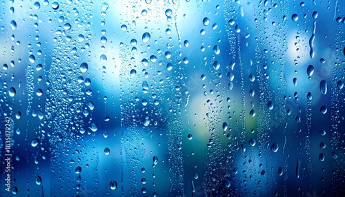 Wallpaper Mural Raindrops on glass window with blurred blue and green background, abstract wet surface texture, natural water drops pattern, rainy day mood Torontodigital.ca