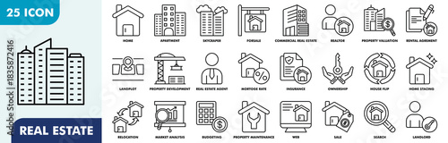 Real Estate Icon Set Collection. Consist Of Home, Apartment, Skyscraper, For Sale, Commercial Real Estate, Realtor, Property Valuation, Rental Agreement, Land Plot. Simple Outline Vector Illustration