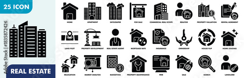 Real Estate Icon Set Collection. Consist Of Home, Apartment, Skyscraper, For Sale, Commercial Real Estate, Realtor, Property Valuation, Rental Agreement, Land Plot. Simple Glyph Vector Illustration